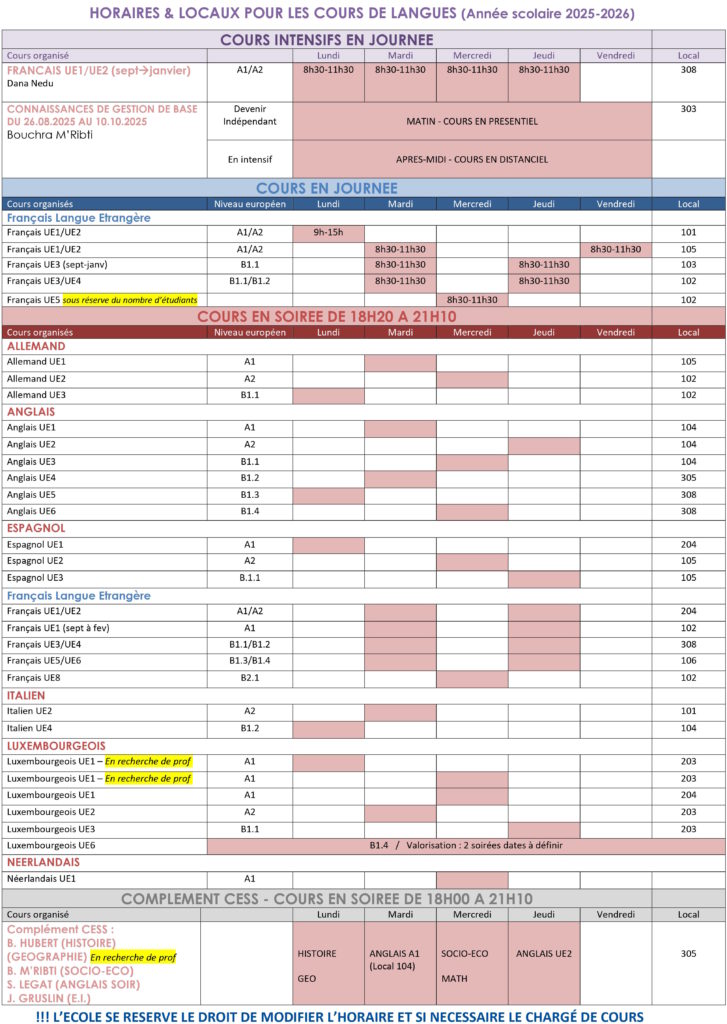 Horaires et locaux pour les cours de langues - Année scolaire 2025-2026