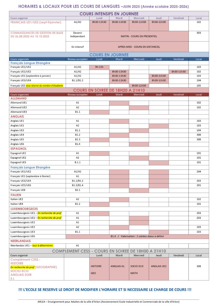 Horaires et locaux pour les cours de langues - Année scolaire 2025-2026